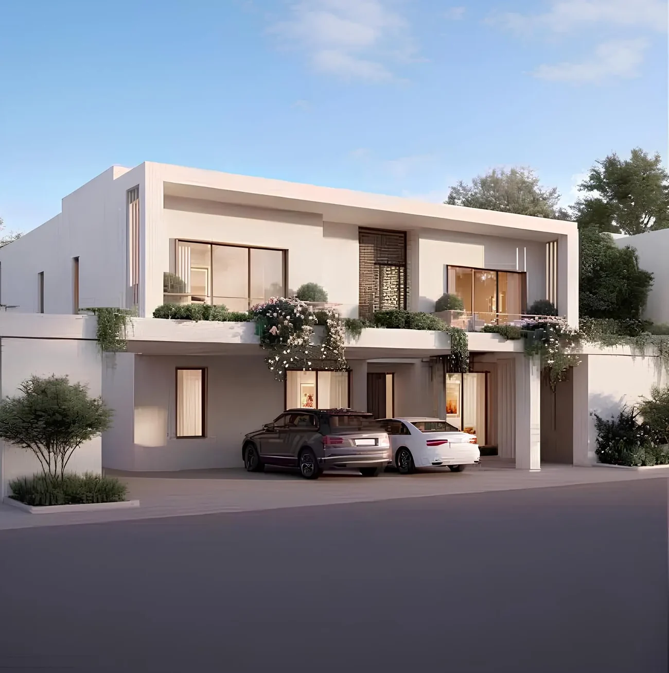 Five-bedroom villa at Wadeem Gardens with Modernist white façade